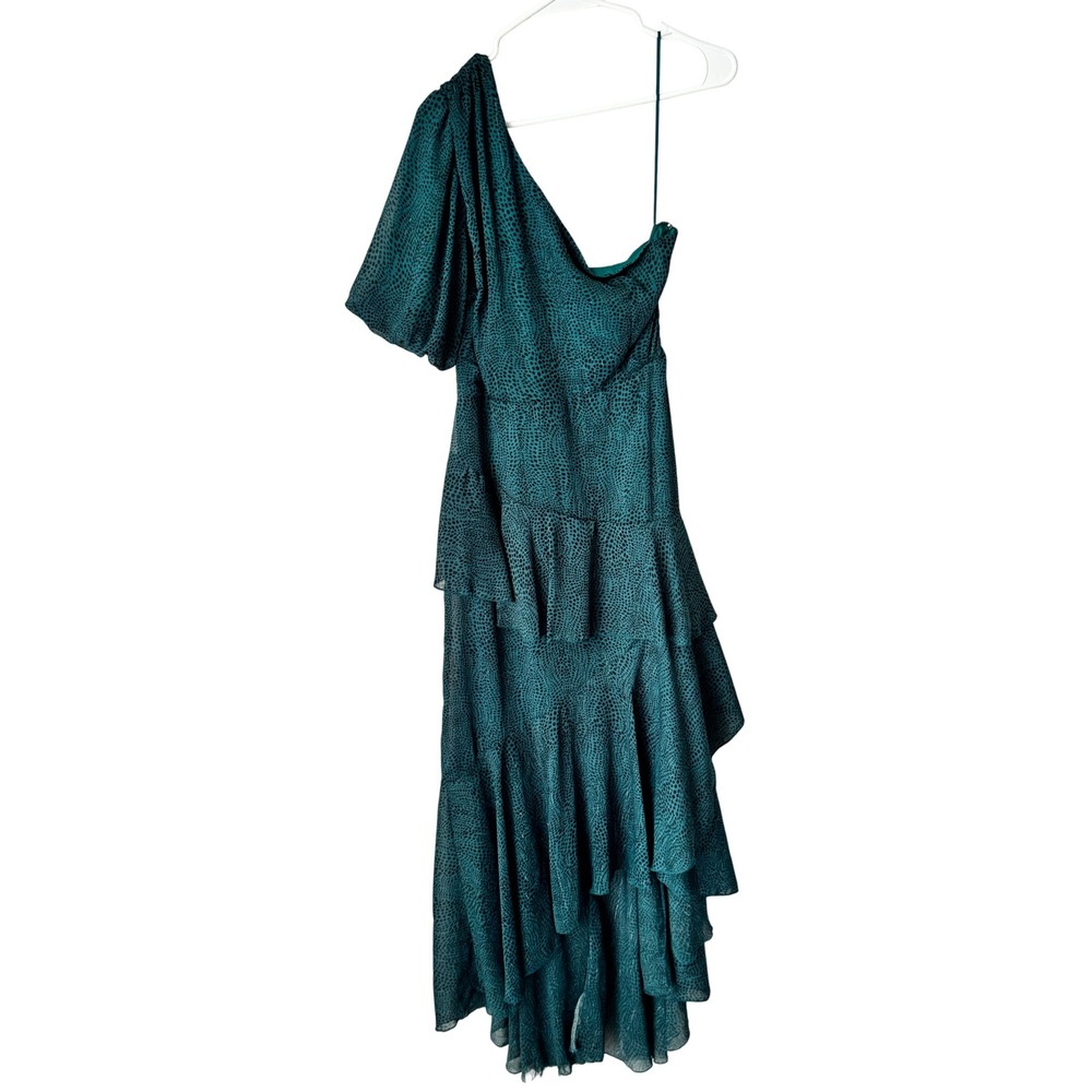 Floret Studios Teal Animal Print One Shoulder Tiered Ruffle Midi Dress Medium